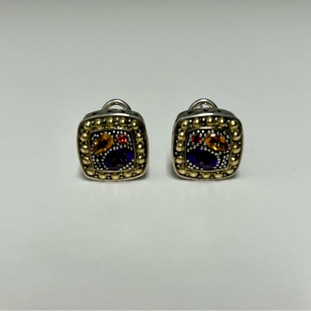 Effy BALISSIMA Multi Gemstone Sterling Silver & 18k Gold Square Stud Earrings - Picture 4 of 5